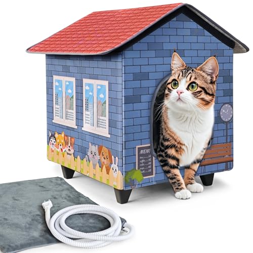 Elevated Base Heated Cat House for Outdoor,Heated Kitty House for Outside in Winter Blue