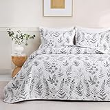 JSD Grey White Floral Quilt Set King Size, 3 Piece Printed Bedspreads Coverlet with Pillow Sham, Soft Microfiber Quilted Blanket