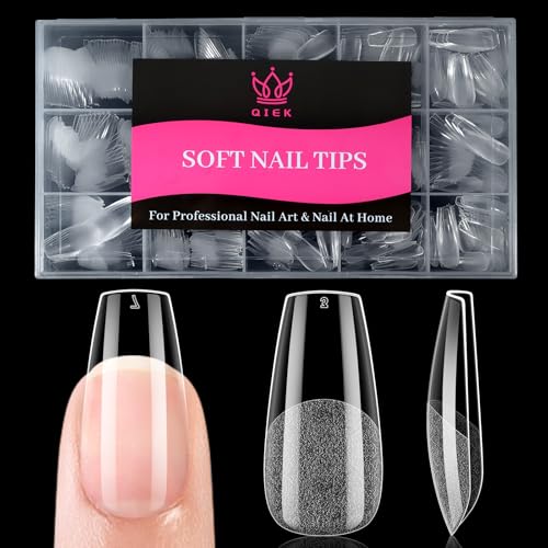 Image of Medium Coffin Nail Tips, 15 Sizes 510 PCS Clear Gel Tips | 510 PCS clear medium coffin tips with half-matte full cover, pre-shaped for bulk salon or home manicures.