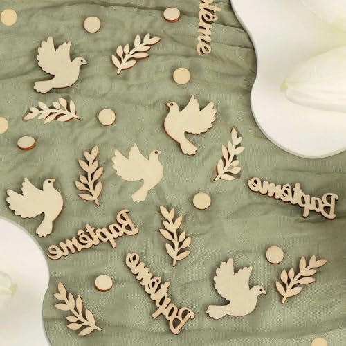 JOOTUEPO 60PCS Baptême Confettis en Bois Forme Pigeon Sauge, Décoration de Table de Baptême pour Garçons et Filles Confettis DIY, Accessoire de Fête Communion...