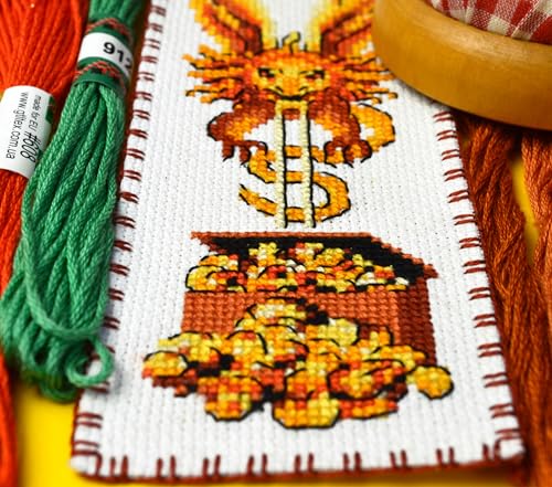 Image of Povitrulya Golden Dragon Counted Cross Stitch Kit - DIY Embroidery Set for Adults with Paper Pattern, 16-Count Aida Canvas and presorted Floss