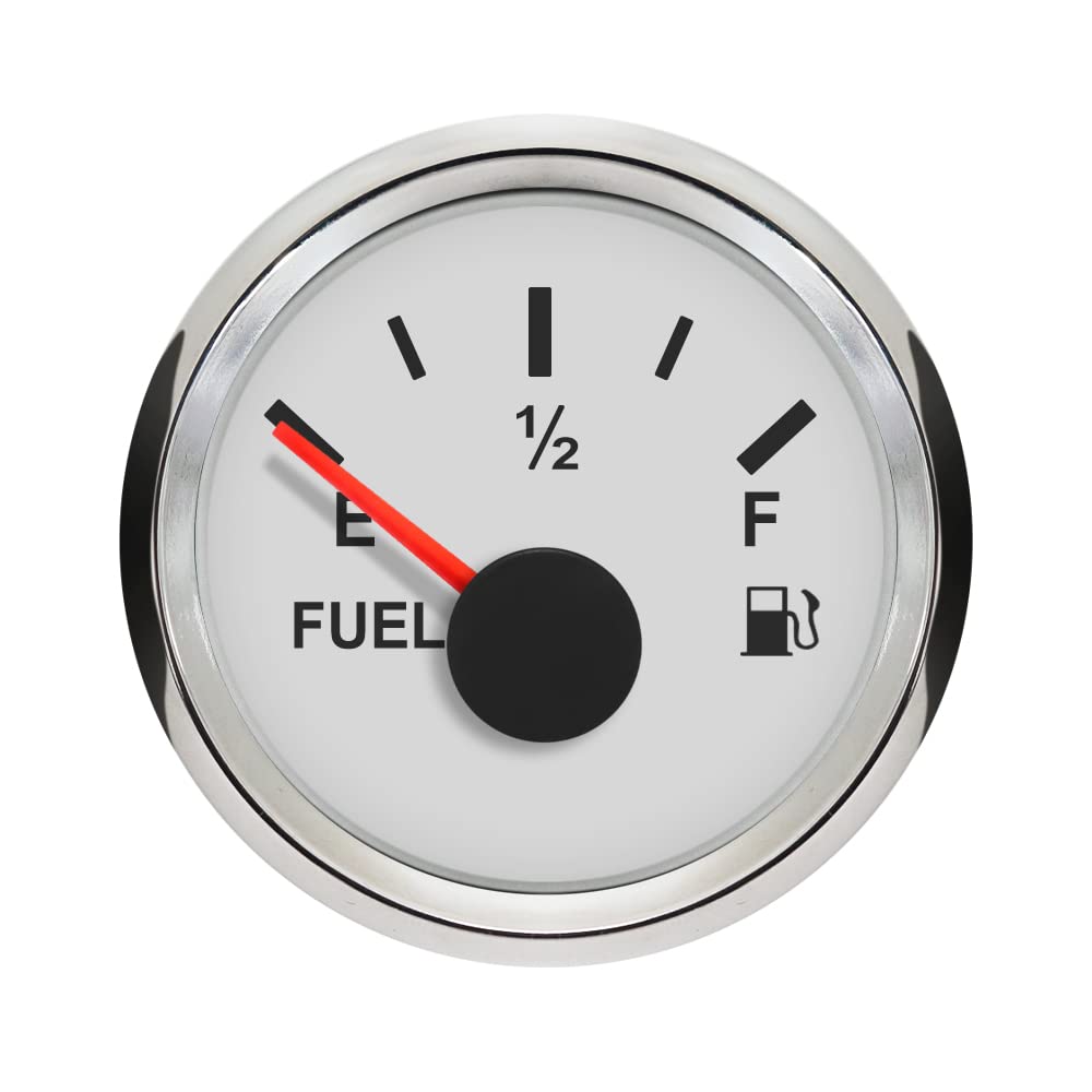 ELING 52MM Fuel Level Gauge Meter 0-5V Signal with Red Backlight 9-32V for Cars Trucks (White+Stainless Steel)