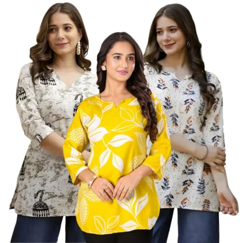 Image of Women's Printed Short Kurti Tops Rayon Cotton Blend Tunic Combo