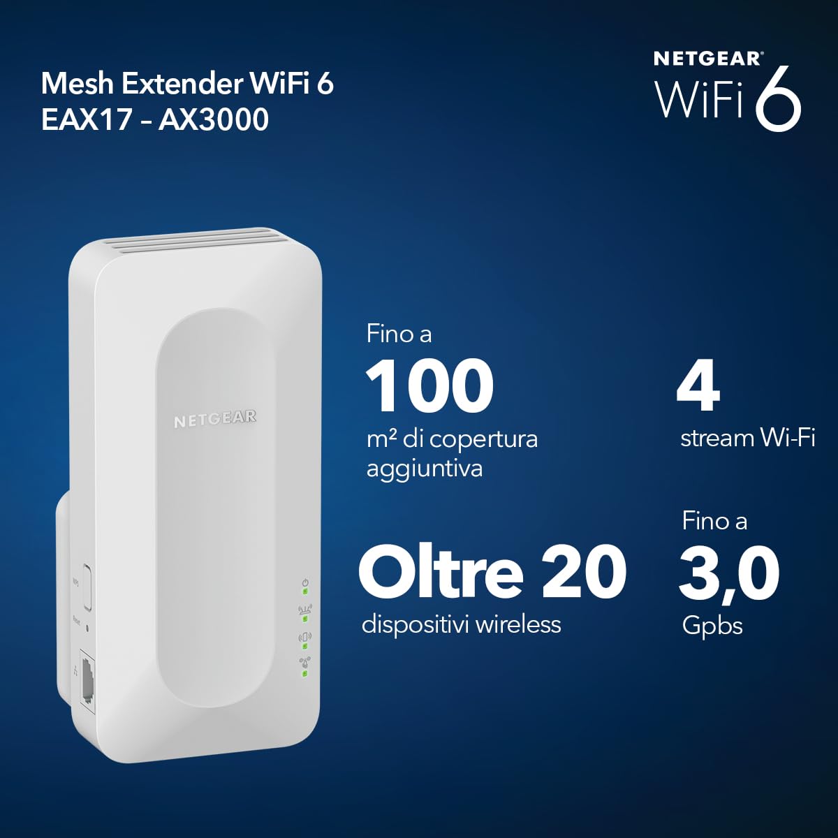 NETGEAR Ripetitore WiFi 6 EAX17, Extender Dual-Band potente per casa, Amplificatore segnale fino a 100㎡, velocità 3 Gbps, compatibile con tutti gli operatori Internet