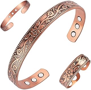 Vicmag Copper Magnetic for Women Men Ultra Strength Magnets 99.99% Solid Pure Copper Cuff Bangles Magnetic Field Therapy (Adjustable Size with Gift Box) (Copper Flower)