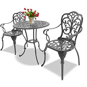 Homeology BANGUI Luxurious Garden & Patio Table & 2 Large Chairs with Armrests Cast Aluminium Bistro Set – Graphite
