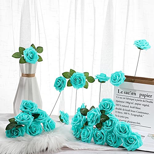 Artificial Foam Rose Flowers Vintage Fake Roses Diy Bouquets Boutonnieres With Leaves And Stems For Wedding Bridal Shower Banquet Party Centerpieces Decor (Turquoise,25 Pieces) #TOP3