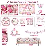 282pcs Pink Butterfly Birthday Decorations for Girl, All-in-one Set with Pink Butterfly Balloon Arch, Tableware, Backdrop, Tablecloth, Balloon Box, Butterfly Sticker, Cupcake Topper, Etc. Serves 25 - Image 3