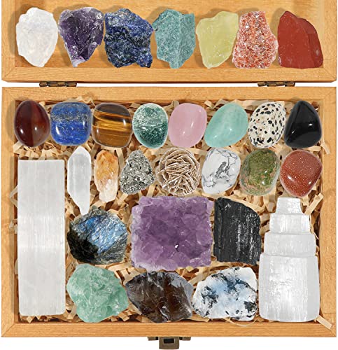 natural healing stones - 30 PCS Crystals and Healing Stones Set - Natural Raw Gemstones and Crystals & Tumbled Chakra Stones, Premium Healing Crystals Gift Kit Display in Wooden Box + Info Guide