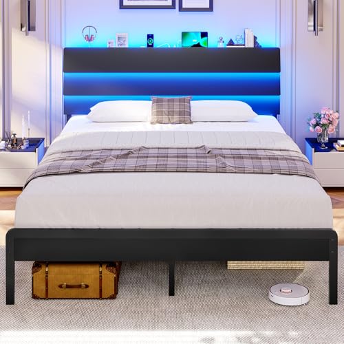 KIMENICH Lit 140x190 avec Sommier Métal, Lit Double avec 3 Rubans LED Réglables et Multiprise, Cadre de Lits avec Étagère Ouverte et Rangement sous Le...