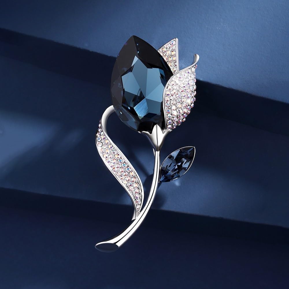 Tulip Brooch Flower Floral Brooch Crystal Brooch Tulip Lapel Pins Dress Accessorie Jewelry Gifts for Women (Blue OneSize)