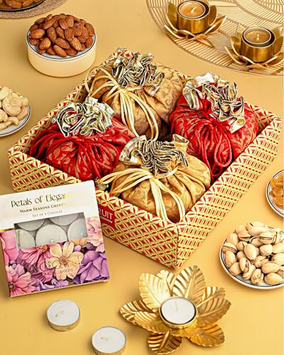 Image of HyperFoods Diwali Gifts for Family and Friends DryFruit Combo Pack Rawfruit's Handcrafted Potli Pack of 4 Almond Cashew Raisins Pistachios 495 Grams DryFruits Gift Box Diwali Gift Hamper