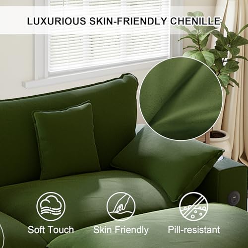Image of KCGKCG 80.7 inch Modular Sectional Sofa, L Shaped Cloud Couch with Movable Ottoman, Chenille Deep Seat Cloud Sofa with Charging Station, Cup Holder, Side Pocket, Sectional Couches for Living Room, Green