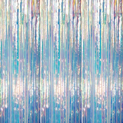 Image of PartyWoo Iridescent Streamers Backdrop 3pcs Iridescent Foil Fringe Streamer Curtain 8.2FT Tinsel Backdrop for Birthday Gender Reveal Baby Shower Graduation Pool Mermaid Under The Sea Party Decorations