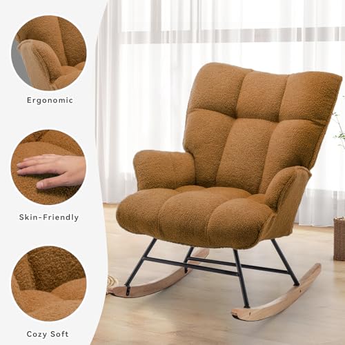 Image of SAETSFEG Rocking Chair Nursery Teddy Upholstered Glider Rocker Rocking Accent Chair Padded Seat with High Backrest Armchair Comfy Side Chair for Living Room Bedroom Offices (Brown Teddy)