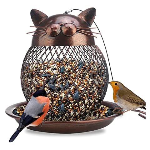 Outside Wild Bird Feeder, Heavy Duty Metal Frame Squirrel Proof Bird Feeders Hanging for Garden Yard Outdoor Decoration, Cute Cat Shaped Cover