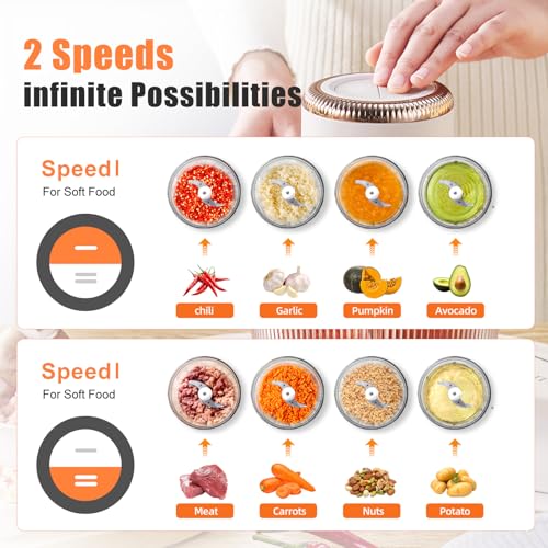 Image of Kawu Electric Food Processor, Electric Meat Grinder & Vegetable Chopper with 2 Bowls, 200W Mini Food Processors with Stainless Steel Blades, Garlic Grinders for Onion, Fruit for Home and Kitchen