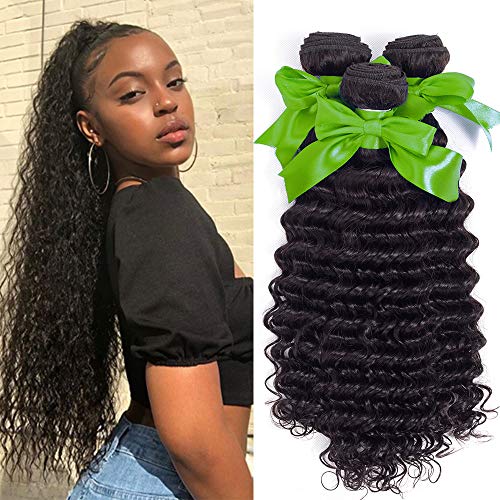 Ali Bling 8A Grade Deep Wave Bundles Hair 3 Bundles Curly Hair Extensions Brazilian Human Hair Bundles Curly Hair Weave Deep Wave Bundles Natural Black Hair (22 24 26)