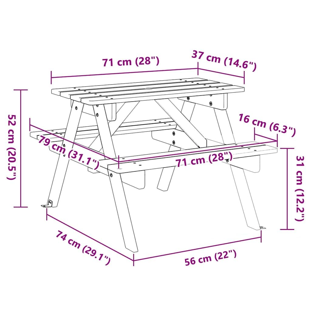 Tavolo da picnic per 4 bambini, in legno di abete massiccio con foro per ombrellone, 71 x 79 x 52 cm, struttura a forma di A, per giardino, terrazza, balcone, veranda, campeggio, barbecue