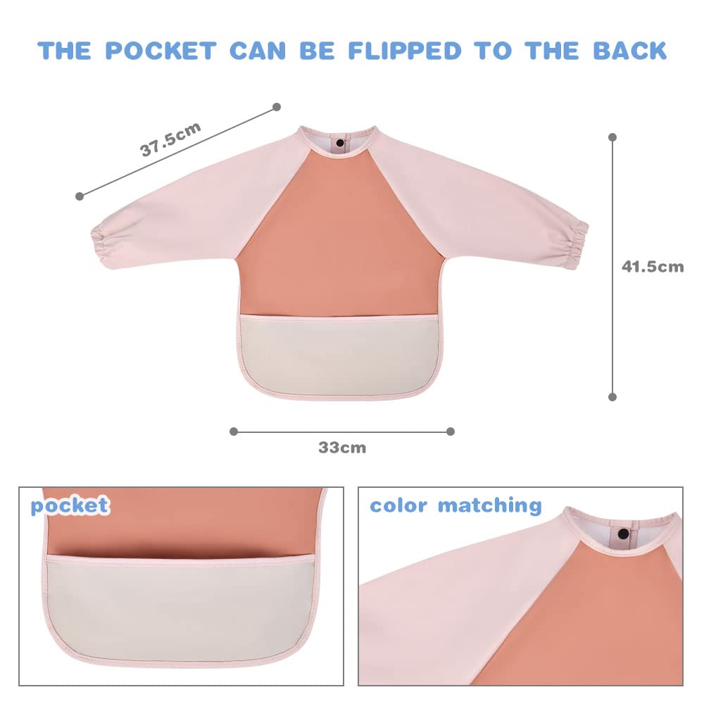 Vicloon Bavaglino a Manica Lunga, Bavaglini Pappa Svezzamento, Bavaglino Impermeabile con Tasca Frontale, Bavaglino in Tessuto PU Impermeabile, Drool Bavaglini per Bambini da 6 a 12 Mesi, Colore Rame