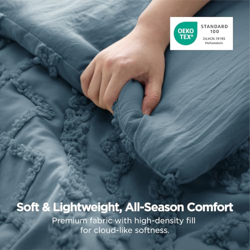 Image of Bedsure Tufted Boho Comforter Set Oversized Queen - Dusty Blue Boho Bed Set, GentleSoft 3 Pieces Farmhouse-Style Embroidery Bedding, Gifts for Woman, Soft Jacquard Kids' Comforter for All Seasons