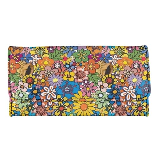 Image of AFPANQZ Women's Leather Long Clutch Wallet Colorful Hippie Flower Wallet Purse Leather Trifold Wallet Multi Card Holder Organizer Phone Holder Purse Buckle Coin Pocket Mini Handbag