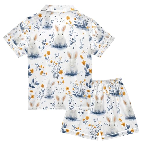 senya Rabbit Blue Grass O Satin Summer Pajama Sets Silk Short Sleeve Button Down Sleepwear2