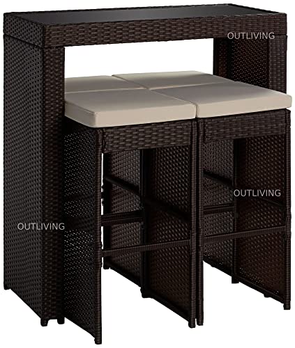 Image of OUTLIVING Rattan Wicker Outdoor Bar Patio Table with 4 Chairs Set for Home Graden Balcony 4 Seater High Bar Patio Furniture Table and Chairs -(Cream Cushion, Brown)