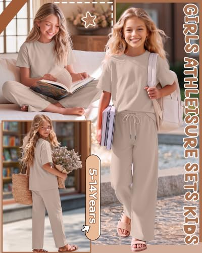 Image of Girls' 2 Piece Outfit Sets | Short Sleeve Shirts, Wide Leg Drawstring Pants with Pockets, Summer Matching Sweatsuit for 5-14y, Teen Back to School Clothes