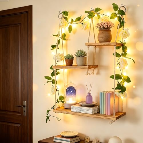3 Niveles Estantes Colgantes para Plantas, Estante Colgante de Madera con Luces LED, Enredaderas Artificiales, Moderno, Decoración Pared Bohème, Estantería para Plantas, Salón, Dormitorio, Baño