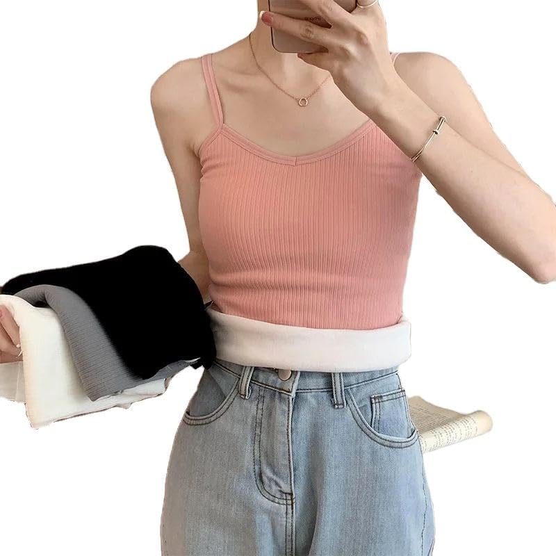 Image of Women's Thermal Fleece-Lined Ribbed Camisole Tank Top -School Girls Adjustable Spaghetti Strap Undershirt, Winter Warm Base Layer Cami, Soft Stretch Sleeveless Top