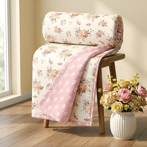 Image of HOMEKART Luxury Cotton Dohar Blanket for Single Bed | Ultra Soft Reversible AC Quilt | Floral Printed Lightweight Summer Blanket | 58x88Inches (Terracotta Pink)