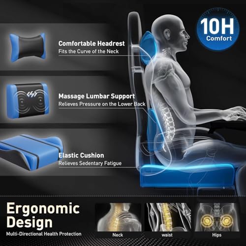 Image of HLDIRECT Gaming Chair, Ergonomic Video Game Seat with 360 Swivel & Lumbar Massage, Computer Chair PU Leather Cushion for Adults Home /Office Use (Black & Blue)