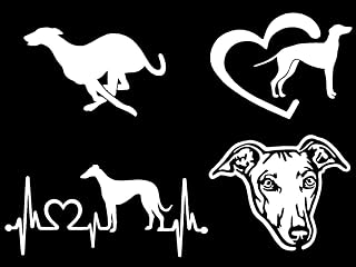 Greyhound Whippet Sighthound Decal 4 Pack: Running, Heart, Whippet Heartbeat, Greyhound Peeking Decals (Small ~3.5", White)
