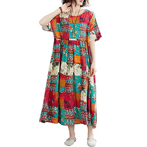 Loijon Mulheres Plus Size Vestido de Linho de Algodão Bloco de Cor Com Decote Em V Longo Maxi Plissa