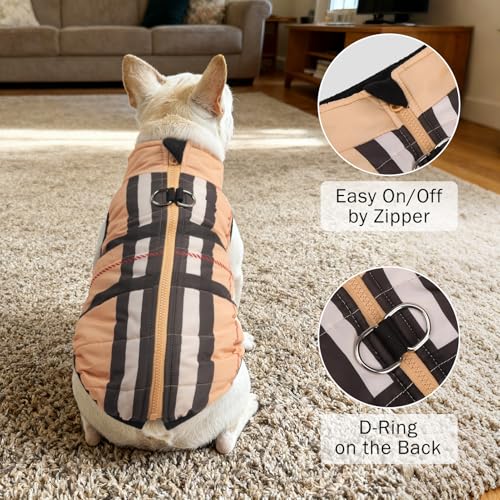 Image of SCENEREAL Winter Dog Vest Coat with Harness Built in for Small Medium Dogs | Warm Puppy Jacket, Cold Weather Coat with Zipper, Fleece Puffer Vest Windproof Snow Clothes, Beige Plaid