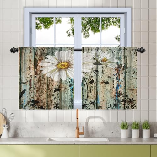 Renaiss 26 x 24 Inch Farmhouse Wooden Daisy Kitchen Tier Curtains Linen Rod Pocket Faded Plank Flower Small Short Cafe Window Treatment Curtains Rustic Floral Country Bathroom Window Drapes 2 Panels