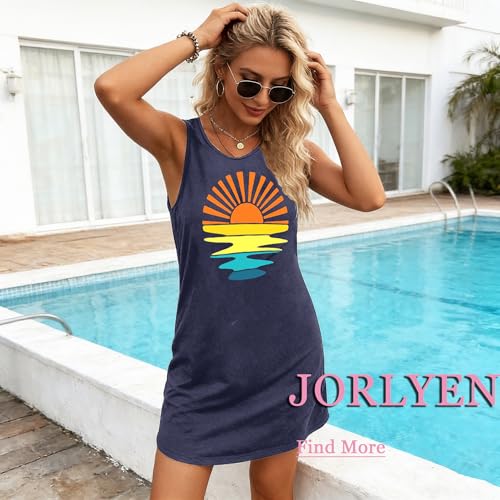 Image of Summer Tank Dress for Women Casual Vacation Sundress Coconut Tree Graphic Beach Cover Up