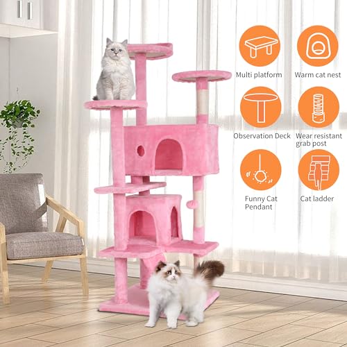 Image of BestPet | 54 inch Cat Tree Tower | Pink | Sturdy Multi-Level Cat Tree