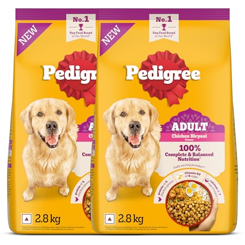 Image of Pedigree Adult Dry Dog Food, New Chicken Biryani Flavour, 2.8kg, Protein of 4 Chicken Pieces, Vitamin D3 of 6 Eggs, Calcium of 7 Cups of Yogurt, 100% Complete and Balanced Nutrition​ (Pack of 2)