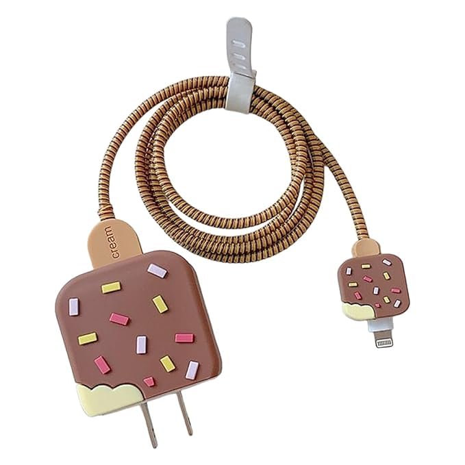 Image of Cable Protector with 3D Cute Pattern for iPhone Charger only18W & 20W | Data Line Wire Saver Charger Protective Cable Full Protection Set of-1 (Brown ICE Cream)