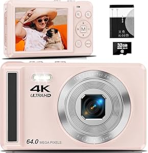 4K Digitalkamera, 64MP 2.8“ UHD Kompaktkameras - Autofokus Wiederaufladbare Vlogging Kamera mit 32GB Karte & Akku, Tragbare Reisekameras mit 16X Digitalzoom für Kinder Anfänger Jugendliche