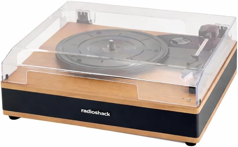 RadioShack Retro Turntable with Bluetooth Input and Output, 3-Speed Vinyl Playback, Built-in Speakers, RCA and AUX Output, Transparent Dust Cover, Model 4001797