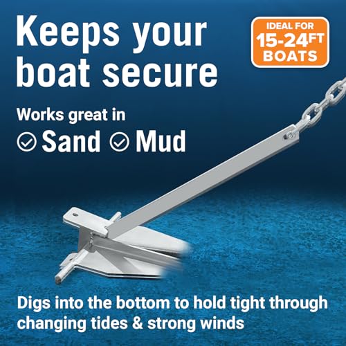 Image of Boat Anchor Kit with Rope and Chain, Heavy Duty Fluke Anchor for Boats | Hot Dip Galvanized Steel, Pontoon Sailboat Fishing Deck, Multiple Sizes, Better Boat