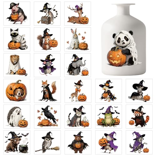 GLOBLELAND 25 hojas de calcomanías coloridas de animales de Halloween para frasco, calabazas, calcomanías de plástico, sombreros mágicos, calcomanías adhesivas para lámpara de ventana, taza de vidrio