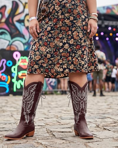 Image of Uillnoodu Wide Calf Cowboy Boots Women Adjustable Lace Up Knee High Tall Plus Size Cowgirl Boots Western Style Comfortable 2-Inch Heel