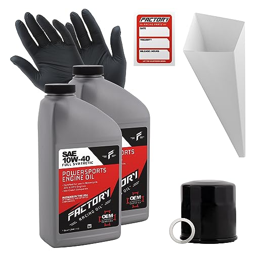 Factory Racing Parts Oil Change Kit compatible with Kawasaki KAF620 Mule 4000/4010 – Includes 2 Quarts of 10W-40 Full Synthetic Oil, 1 Filter, 1 Crush Washer, 1 Funnel, 1 Oil Change Sticker