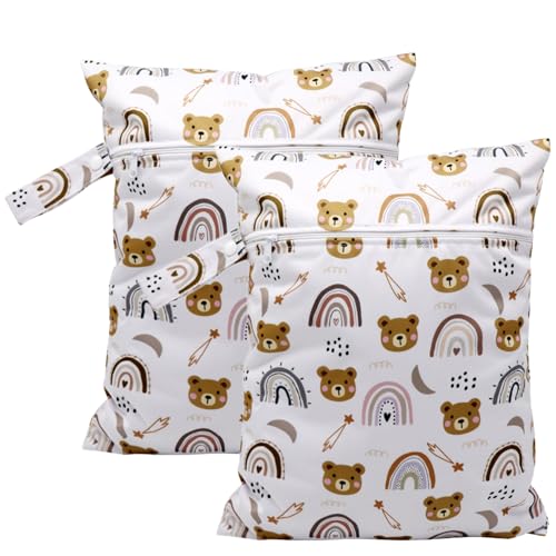 YNR 2 bolsas de pañales reutilizables para bebés, para viajes de bebé, para niños pequeños, natación, fitness, Blanco con tonos marrones y pastel, Infantil Con Osos Y Arco Iris