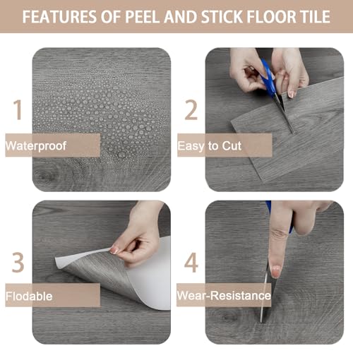 Image of Peel and Stick Floor Tile Wood Plank Look, Self-Adheisve Vinyl Flooring Grey, 20-Pack 30 Sq.Ft, Floor Tiles Peel and Stick Waterproof for Bathroom Kitchen RV Renter, 36x6inch