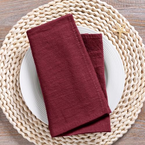 Image of MLMC 8 Pack Burgundy Cloth Napkins Rustic Washable Cotton Linen Napkins Set of 8 17 inchx17 inch Reusable Wine Red Dinner Napkins Cloth for Wedding Bridal Baby Shower Table Decor